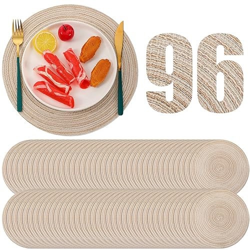 Runde Tischsets, 30,5 cm, groß, geflochten, rund, waschbar, gewebt, hitzebeständig, rutschfest, glitzernd, Esstischmatten für Party-Tischdekorationen (Beige, 96 Stück)