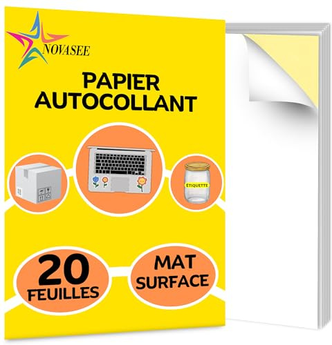 NOVASEE 20 x A4 Druckerpapier, matt, 297 mm x 210 mm - selbstklebende A4-Blätter, selbstklebend, bedruckbar, A4-Blatt, selbstklebend