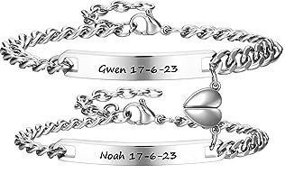 PiercingJak Paar Armbänder Magnetische Partnerarmbänder mit Gravur Herz Kugel Namen Armband Damen Herren Edelstahl Armkette Liebe Freundschaft Personalisierte Geschenke für Partner Pärchen
