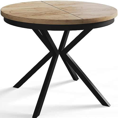 Esszimmertisch BERGO, Durchmesser: 90-170 cm, Braun, Schwarz Beine | Runder Tish, Ausziehbarer Tisch, Wohnzimmertisch mit Metallbeinen