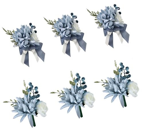 Aimto Blaue Handgelenk-Ansteckblume und Ansteckblume für blaue Hochzeit, Blumen-Accessoires, Abschlussball-Anzüge (3 Paar blaues Set)
