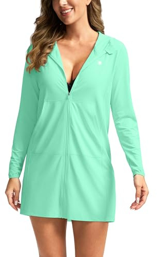 Women's UPF 50+ Swim Cover Up Sun Protection Hoodie Long Jacket SPF Lightweight Beach Cover Ups for Women(Mint Green,L)