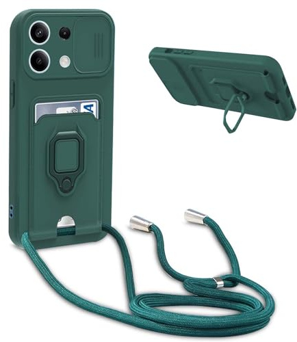 Handykette Schutzhülle kompatibel mit Xiaomi Redmi Note 13 Pro 4G (No para 5G)Handyhülle mit Band,Silikon Handyhülle Case mit Schiebe Kameraschutz,360 Grad Ringhalter Stand,Kartenfach,Dunkel Grün
