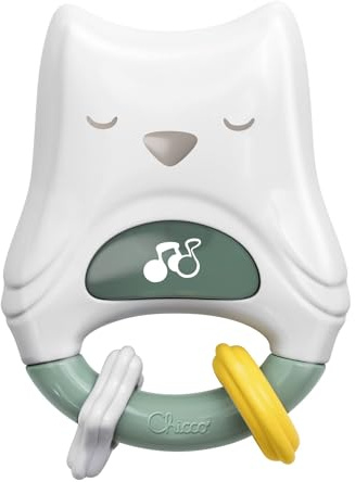 Chicco 2in1 Tag & Nacht Eule Rassel, Elektronische Rassel mit Ringen, Lichtern, Musik und Tönen, Babyspielzeug 0 Monate +