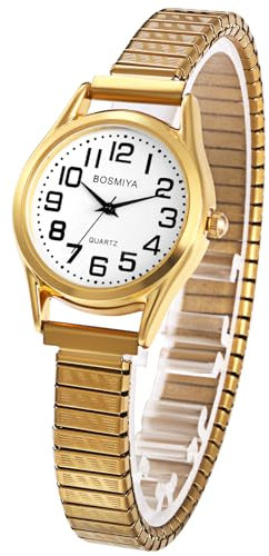 Oidea Women's Easy Reader Watch: Super Large Face Clear Number Elastic Strap Wrist Watches for Women Waterproof Ladies Watch Golden Stainless Steel Expansion Band Watch