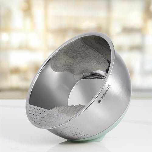 Navaris Colador Arroz - Colador Acero Inoxidable 22 cm para Lavar Arroz con Diseño Inclinable y Base Antideslizante - Colador de Cocina para Arroz Escurridor Verduras Pasta