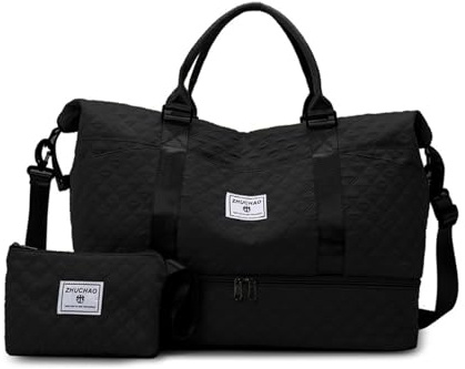 Balakaka Reisetasche Damen 42L mit Kleiner Handtasche 1.3L, Wasserdicht Sporttasche Weekender Bag mit Schuhfach Nassfach, Groß Leicht Handgepäck Tasche für Übernachtungen, Vielseitiges Schwarz
