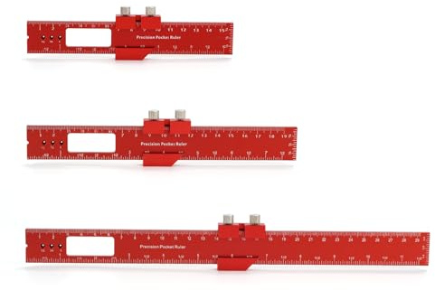 TMZDCJK 3er T-Lineal Alu 15/20/30cm, Holz Anreißlineal Rot, Metrisch/Zoll | Handliche Taschenlineale aus robustem Alu. Ideal zum präzisen Anreißen, Zeichnen & Messen in Werkstatt, Holzbau & DIY