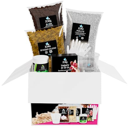 ZOMA - Kit Rinvaso per Orchidee completo - Concime orchidee, Radicante per piante, Sfagno cileno, Bark per orchidee, Perlite per piante, Guanti, e 3 Vasi trasparenti per orchidee - Kit Professionale