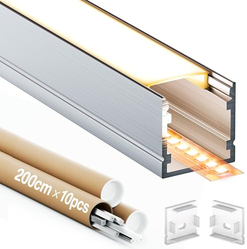 GEEKLUX LED Aluminium Profil 2m 10 Stück, Alu LED Profile mit PC-Abdeckung, LED Kanal und Diffusor, Passend für LED Streifen bis 15mm, Größe: 20 × 20mm