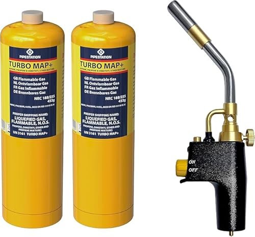 HFBT MAPP Propane Torch, Gas Torch Heavy Duty Plumbing Soldering Brazing Blow Torch for Welding, Paint Removal, Gas Cylinders Included, Stainless Steel. Super fire, Plumbing kit,Replacement Head.