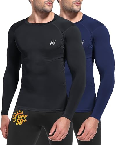 MEETWEE Kompressionströja herr långärmad funktionell tröja sporttröja, rash guard UPF50 UV topp simning män surfing snabbtorkande andas fitness gym, Svart + marinblå, L