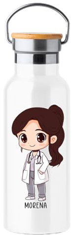 Botella Térmica para medicas personalizada de Acero Inoxidable, 500ml, Diseño Médico Personalizado con Nombre, Tapa de Bambú, Blanco (Botella médica personalizada, MORENA)