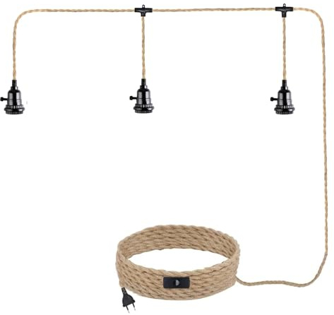 JZCDR Hanfseil Pendelleuchte mit Stecker 3-Flammig Vintage Hängelampe | 8,5M Lampenkabel mit Schalter Lampenfassung E27 mit Kabel Pendellampe Industrial für Esstisch Schlafzimmer, Ohne Glühbirne