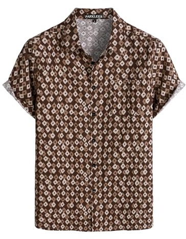 PARKLEES Chemise en coton et lin pour homme, motif vintage années 70, style ancien, chemise décontractée à manches courtes boutonnée rétro