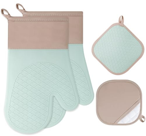 Cozary Set di 4 Guanti da Forno Silicone, Guanti da Cucina 1 Coppia e 2 Presine da Cucina, Resistenti Presine Cucina per Arrostire, Cuocere, Grigliare, Cuocere al Forno - Verde Chiaro