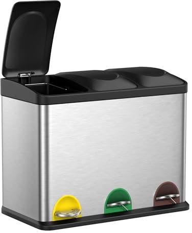 Httxyp Cestino da Cucina, Pattumiera per Riciclaggio, Pattumiera Tripla a Pedale, in Metallo da 45 Litri, per Raccolta Differenziata, 3 x 15L, con Coperchio, Acciaio, Argento