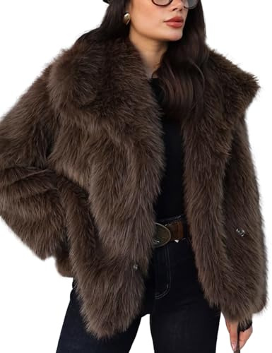 Wyeysyt Womens Faux Fur Coat Cropped Fluffy Shaggy Jacket Lapel Winter Warm Furry Short Coat(Coffee-L)