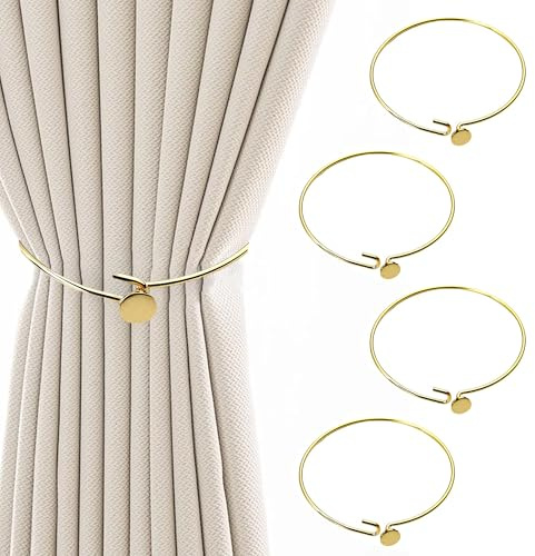 4 Stück Goldener Vorhanghalter, Dekorative Vorhang Raffhalter aus Metall, Einfacher Stil Gardinenhalter für Wohnräume Schlafzimmer Büro Deko, Passt zu Modernen oder Klassischen Gardinendekorationen
