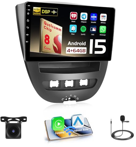 Hikity Qualcomm Snapdragon 8 Core 4+64G Android 15 Autoradio für Peugeot 107/ Toyota Aygo/Citroen C1 2004-2014 Wireless CarPlay Android Auto IPS Bildschrim 10.1 Zoll BT5.1 GPS WiFi FM RDS SWC DSP