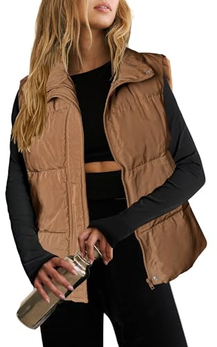 Zeagoo Chaleco Mujer Invierno Acolchado Sin Mangas Abrigos de Plumas Ligero Casual Chaqueta Otoño Térmico Gilet Exteriores Moda con Bolsillos y Cremallera Marrone M