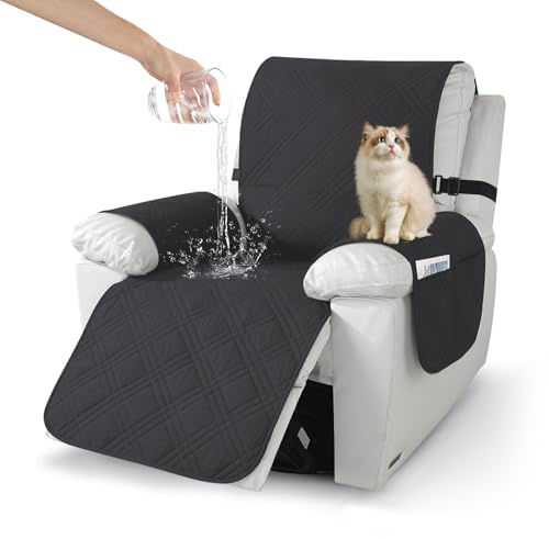 Bocguy Sesselschoner, Sesselbezug Wasserdicht, Sessel Überzug mit Seitentaschen, Sesselhusse Armlehnenschoner, rutschfest Sesselauflage für Relaxsessel und Fernsehsessel Maschinenwaschbar(Schwarz)