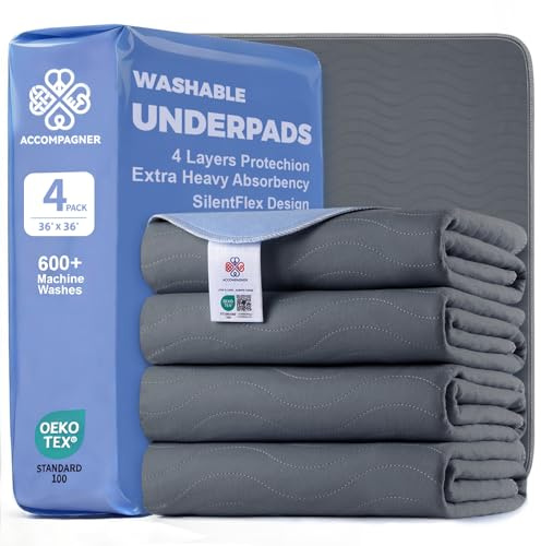 Accompagner Incontinence Bed Pads Washable Waterproof, Ultra-Absorbent Reusable Underpads for Diaper Changing, Nursing, Bedridden, Adults, Seniors, Kids and Dogs (Dark Gray, 36x36(Pack of 4))