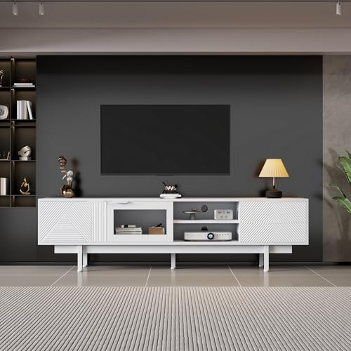TV-Schrank 200x40x50,5 cm für Fernseher bis zu 80 Zoll, Doppeltür- Fernsehschrank mit 2 Schubladen, TV lowboard mit Glastüren, TV Board/ TV Tisch für Wohnzimmer, Esszimmer, Schlafzimmer (weiß)