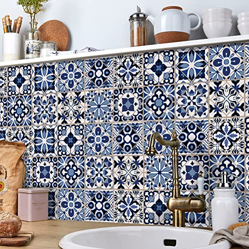 Ntrniva 15x15cm Peel & Stick Tiles, Blue Mandala, 24pcs | Peel & stick, waterproof, oil-proof, 10cm tiles, 24pcs, kitchen, bath, fireplace. Mandala, removable, heat-resist.