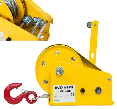 Cabrestante Manual Profesional 1200lbs, Cabrestante de Salvamento incl. gancho de seguridad, Cable de Alambre de 10-30 m, Cabrestante Manual con Freno Automático para Barcos y Vehículos (1200lbs 20m)