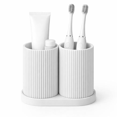Bathora® Doppel-Zahnbürstenhalter aus 3D-Druck – Minimalistischer Zahnputzbecher mit 2 getrennten Fächern, Hygienischer Bad Organizer, Stabil & Leicht zu Reinigen – Für Bad & Gäste-WC (Weiß)