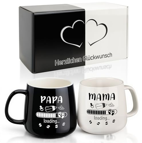 TUZELIYA Mama & Papa Kaffeetassen Set – Geschenk werdende Eltern, 350ml Schwarz-Weiße Tassen für Schwangerschaft verkünden, Baby Shower,Valentinstag & Jahrestag
