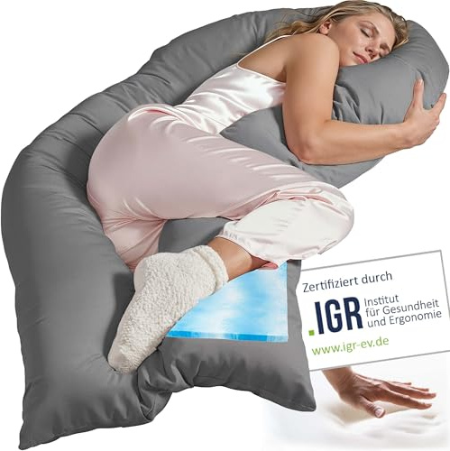 Traumreiter Seitenschläferkissen, Wendekissen Visco M mit Memory Foam [orthopädisch] + Watte Seite | Schwangerschaftskissen zum Schlafen, Stillkissen XXL Kissen Komfortkissen mit Bezug Grau Eco