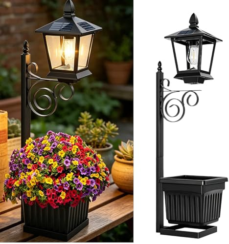 Lampione Solare Da Esterno Con Fioriera, Vintage Lanterna Solare Da Giardino 2 In 1 Con Vaso Fiori, Impermeabile IP65 Per Arredo Portico E Terrazza, Lampada A Colonna Impermeabile Da Terra O Parete
