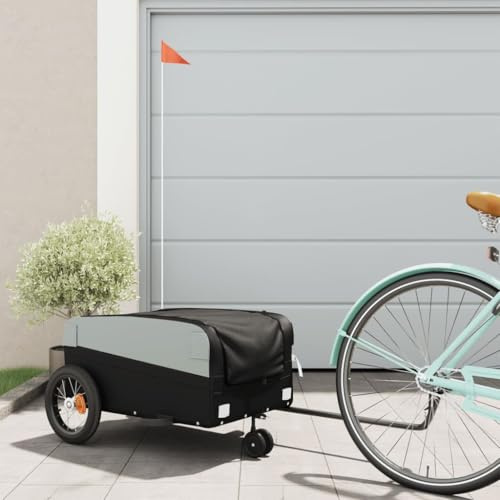 Runheo Remorque de vélo Noire Robuste en Fer avec Drapeau sécurité pour Transport de Bagages, équipement ou Accessoires, Compatible avec Cyclisme, Jogging, Ville ou Camping