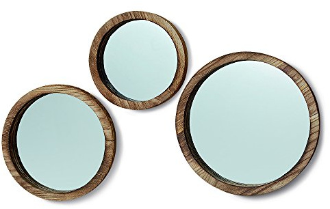 Nagina International Das rustikale Boho Chic Porthole Mirror Trio, Set mit 3-10, 12 und 13 ¾ Zoll Durchmesser, Glas und nachhaltigem Holz, von Whole House Worlds, Braun