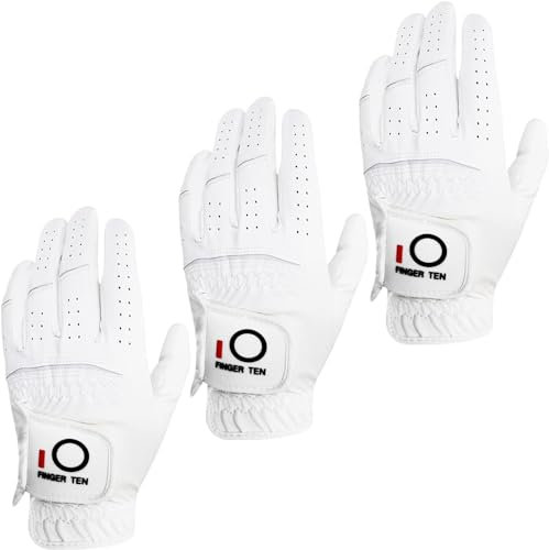 FINGER TEN Golf Handschuhe Männer Linke Hand Regengriff Handschuh für rechtshändige Golfer Wert 3 Pack, alle Wetter Haltbare Griff Größe Kleine Mittelgroße XL (Weiß, Medium/Large, Links)