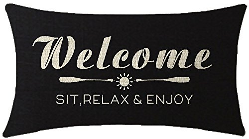 Nice Gift with Funny Words Letters Welcome Sit Relax and Enjoy Lumbar Black Cotton Linen Throw Pillow Case Cushion Cover Sofa Decorative Oblong 12x20 Inches