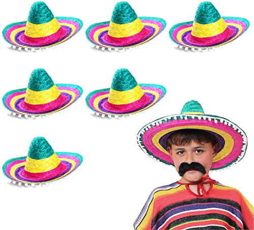 Sombrero mexicano multicolor con bordes de pompón para niños, accesorio de paja, para vacaciones, paquete de 12