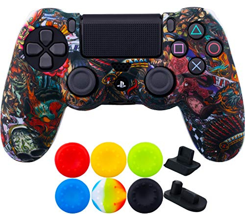 9CDeer 1 x Stück Schutzfolie Transferdruck Silikon Hülle + 6 Thumb Grips & Staubdichte Stecker für PS4/Slim/Pro-Controller Monster