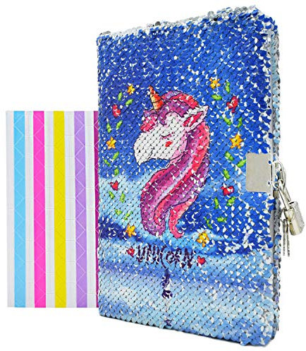 VIPbuy Kid Girls Unicorn Sequin Notebook Diary with Lock and Key Reversible Sequin Journal A5 Lined Secret Notepad Set with Gift Photo Corner Sheet for Art Creation, 156 Pages, 21.5cm x 14cm