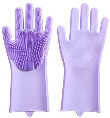 Jolly Gloves Magic Dishwashing Gloves with Scrubber, Silicone Cleaning Reusable Scrub Gloves for Wash Dish,Kitchen, Bathroom (Purple)