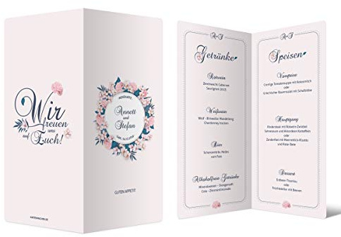 20 x Hochzeit Menükarten individuell Text DIN Lang Klappkarte - Blumenromantik
