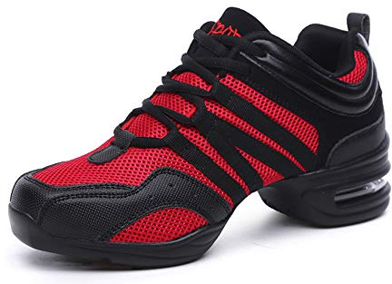 Padgene Women's Jazz Shoes Trainers Lace Up Cushion Breathable Ladies Split Sole Walking Dance Sports Shoes Black Red