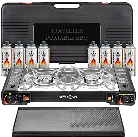 Mianova Campingkocher Outdoor Doppel Gaskocher BBQ Notfallkocher Grill Gaskartuschen Gas Camping Kocher Herd 2 flammig Set Grillplatte Koffer 8 Gasflaschen