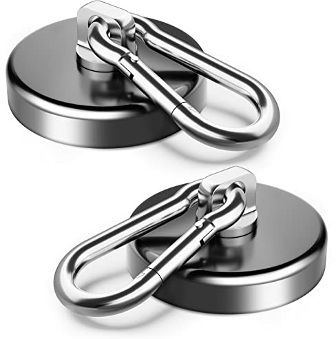 FINDMAG 2 Pack Super Strong Magnetic Hooks, 63.5 KG(140 LBS) Pull Neodymium Magnets with Swivel Carabiner Snap Hooks, Strong Magnets with Hook for Hanging Camping - 42mm Diameter
