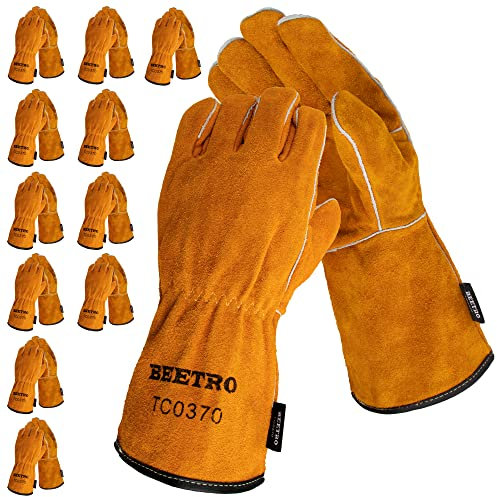 BEETRO Welding Gloves 12 Pairs Cow Leather Forge/Mig/Stick/Tig Welder Heat/Fire Resistant, Mitts for Oven/Grill/Fireplace/Furnace/Stove/Pot Holder/Wood Burner/Animal handling Glove with Soft Lining