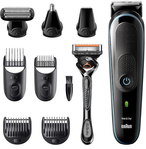 Braun All-in-one Trimmer 5 MGK5380, 9 in 1 Barttrimmer für Herren Haarschneider, Gesichts-, Körper-, Ohren-, Nasen-, 7 Kappen schwarz/blau