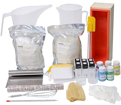 Kit de Fabrication de Savon à Chaud pour Adultes et Débutants - Fournitures Fondues et Versantes, Moule Rectangulaire en Silicone 1,2 L, Base Blanche