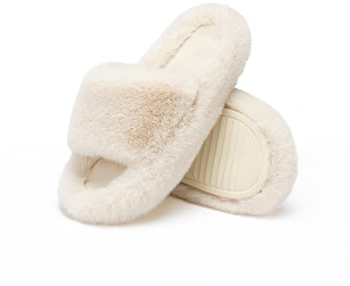 Chantomoo Women's Slippers Memory Foam House Bedroom Slippers for Women Fuzzy Plush Comfy Faux Fur Lined Slide Shoes Anti-Skid Sole Trendy Gift Slippers Beige Size7 8 6.5